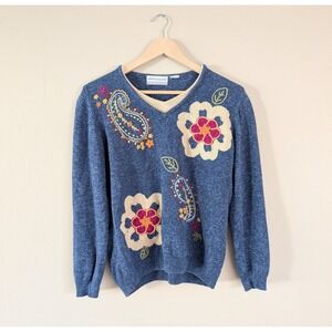 Vintage Floral Embroidered Sweater Cottagecore Bloomcore Paisley Whimsical Fairy